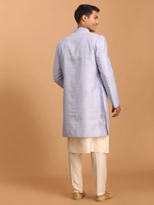 Vastramay Men's Lavender Sherwani With Cream Kurta And Pant Set